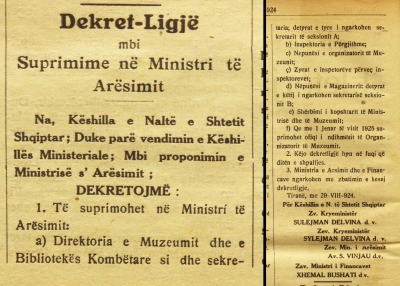 1924/Qeveria e Fan Nolit suprimoi Muzeun dhe Bibliotekën Kombëtare