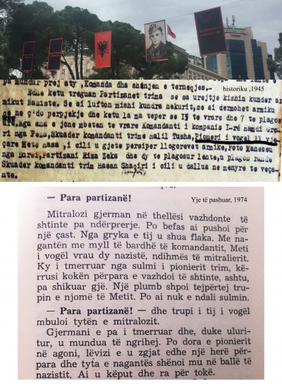 Fotoja e Met Hasës në bulevard dhe faksimile nga historiku i brigadës shkruar në vitin 1945 e libri &quot;Yje të pashuar&quot; i vitit 1974