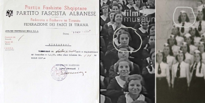 Dokumenti i Partisë Fashiste në vitin 1940. Po ashtu foto e vitit 1936 duke nderuar si zogiste dhe e vitit 1940 gjatë një vizite në Itali si fashiste