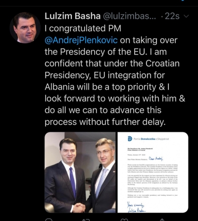 Presidenca e BE/ Basha i shkruan kryeministrit kroat: Do të bëjmë çdo gjë për integrimin