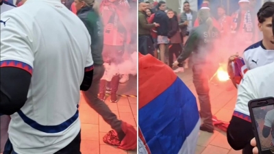 Si nisi konflikti/ Tifozët anglezë provokojnë me flamurin kuqezi, serbët i vënë flakën, ndërhyjnë shqiptarët