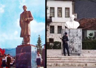 &quot;Enveri&quot; i Korçës. Fotoja e përurimit në vitin 1988 dhe fotoja pas rrëzimit të shtatores. Është zëvendësuar me një bust të bardhë zyrash, i cili ruhet nga një ushtar