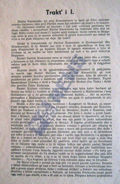 Trakti nr.1 i Xhelal Staraveckës ku tregon qëndrimin e shefit të komunistëve të Shqipërisë, Miladin Popoviç