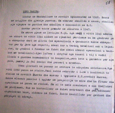 Dokument biografik i Partisë së Punës mbi Sefo Tarifën i vitit 1958