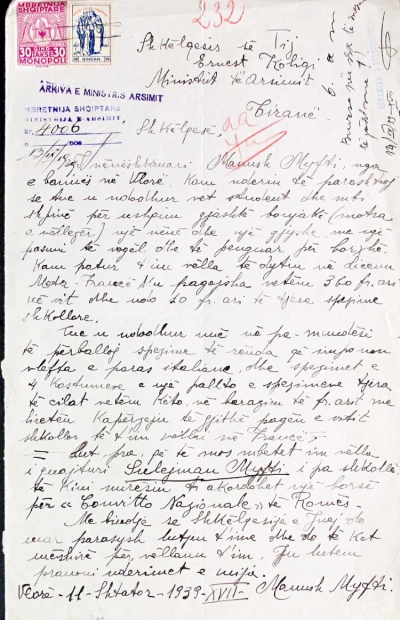 1939/Letra, Manush Myftiu kërkon bursë nga regjimi fashist