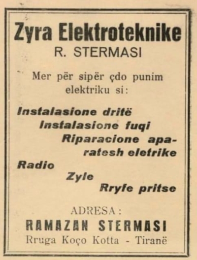 Reklamë e zyrës elektroteknike R. Stërmasi në Tiranë në vitet &#039;30.