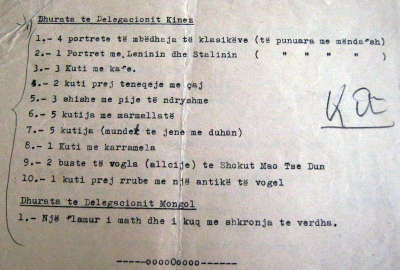 Lista e dhuratave të delegacionit kinez dhe atij mongol