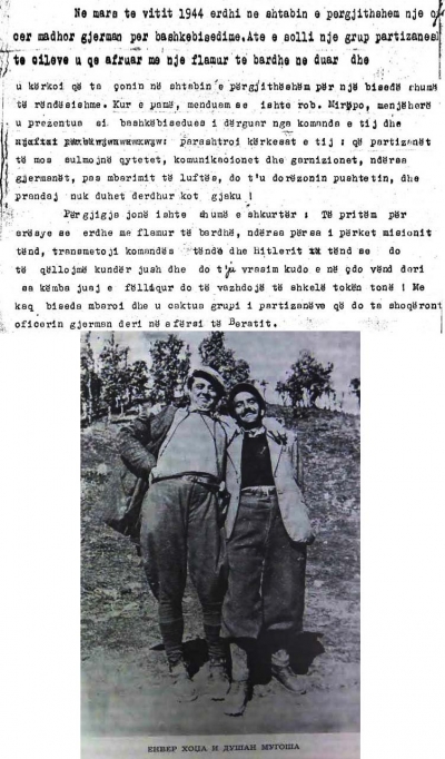 Faksimile e përkthimit dhe Dushan Mugosha e Enver Hoxha gjatë luftes