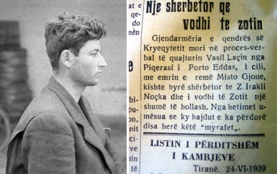 Artikulli i vitit 1939 për Vasil Laçin dhe fotoja para varjes në litar në vitin 1941