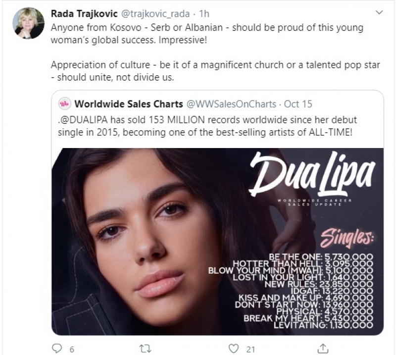 “Çdokush duhet të jetë krenar për suksesin e saj”, ish-deputetja serbe vlerëson këngëtaren Dua Lipa, ja mesazhi i saj