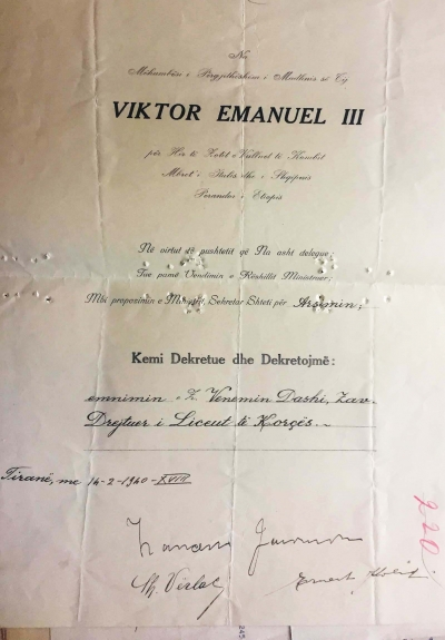 1940/Dekreti i emërimit (zv) drejtorit të Liceut të Korçës