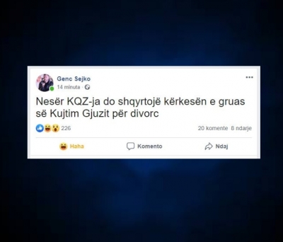 “KQZ do shqyrtojë nesër kërkesën e Kujtim Gjuzit për divorc me gruan”