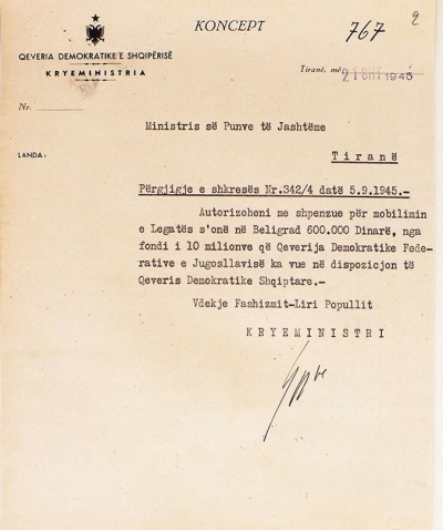 1945/Qeveria jugosllave për legatën shqiptare në Beograd