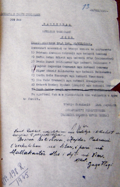 Urdhri i E.Hoxhës për pushkatimin e Bektash Cakranit e të tjerëve. Cakrani ishte propozuesi i ministrave në Kongresin e Lushnjës