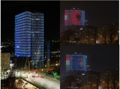 VIDEO/ Vjena nuk ka qenë kurrë kaq e bukur, flamujt e Shqipërisë, Kosovës dhe Maqedonisë së Veriut zbukurojnë kullën “UNIQA”