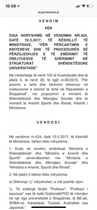 Nje VKM “Lei Fen-iste” miratoi qeveria per shefat e Sherbimeve Universitare Mjekesore