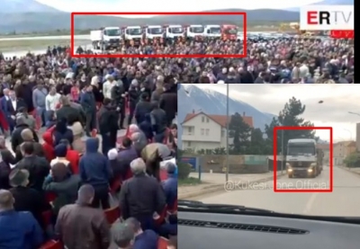 VIDEO/ Kamionët që do &#039;ndërtonin&#039; aeroportin e Kukësit largon sa mbarron mitingu